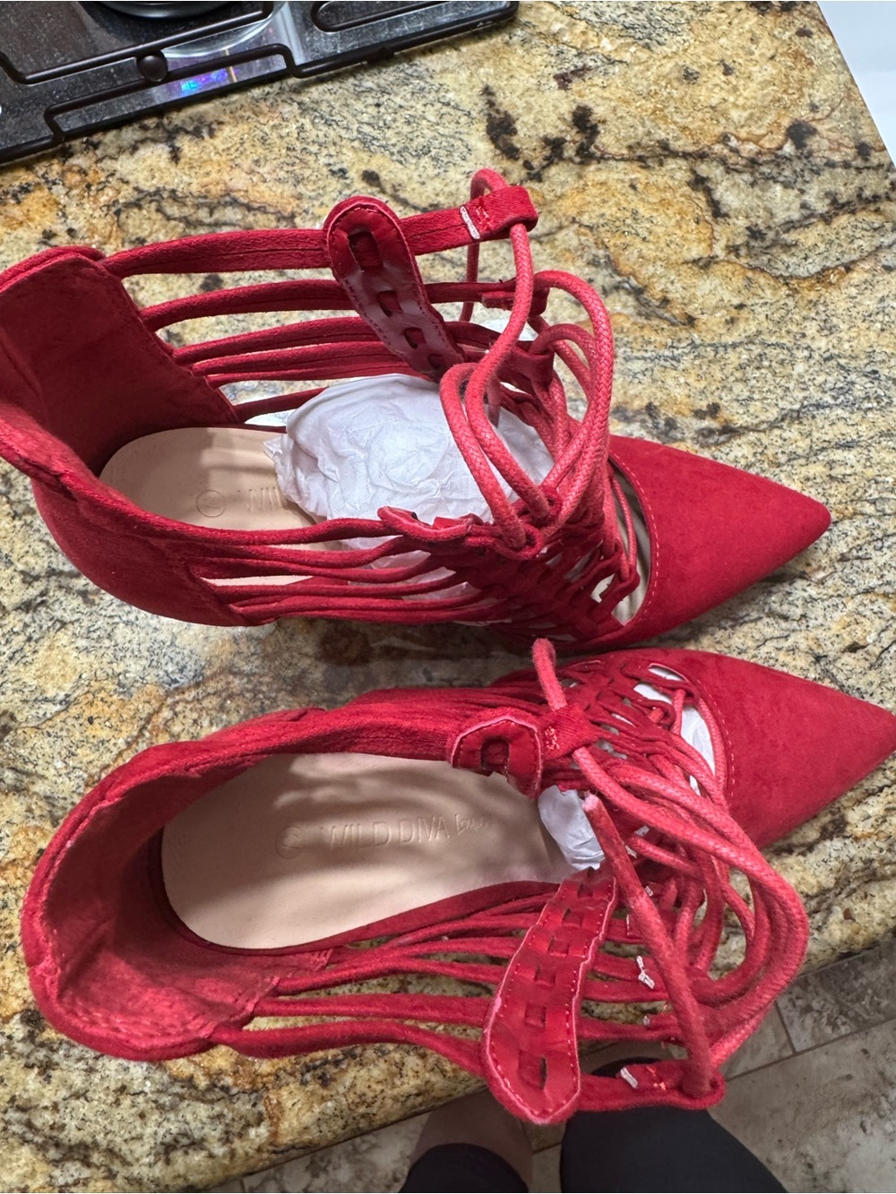 Red Strappy Lace-Up Pointed-Toe High Heels - Picture 4 of 6